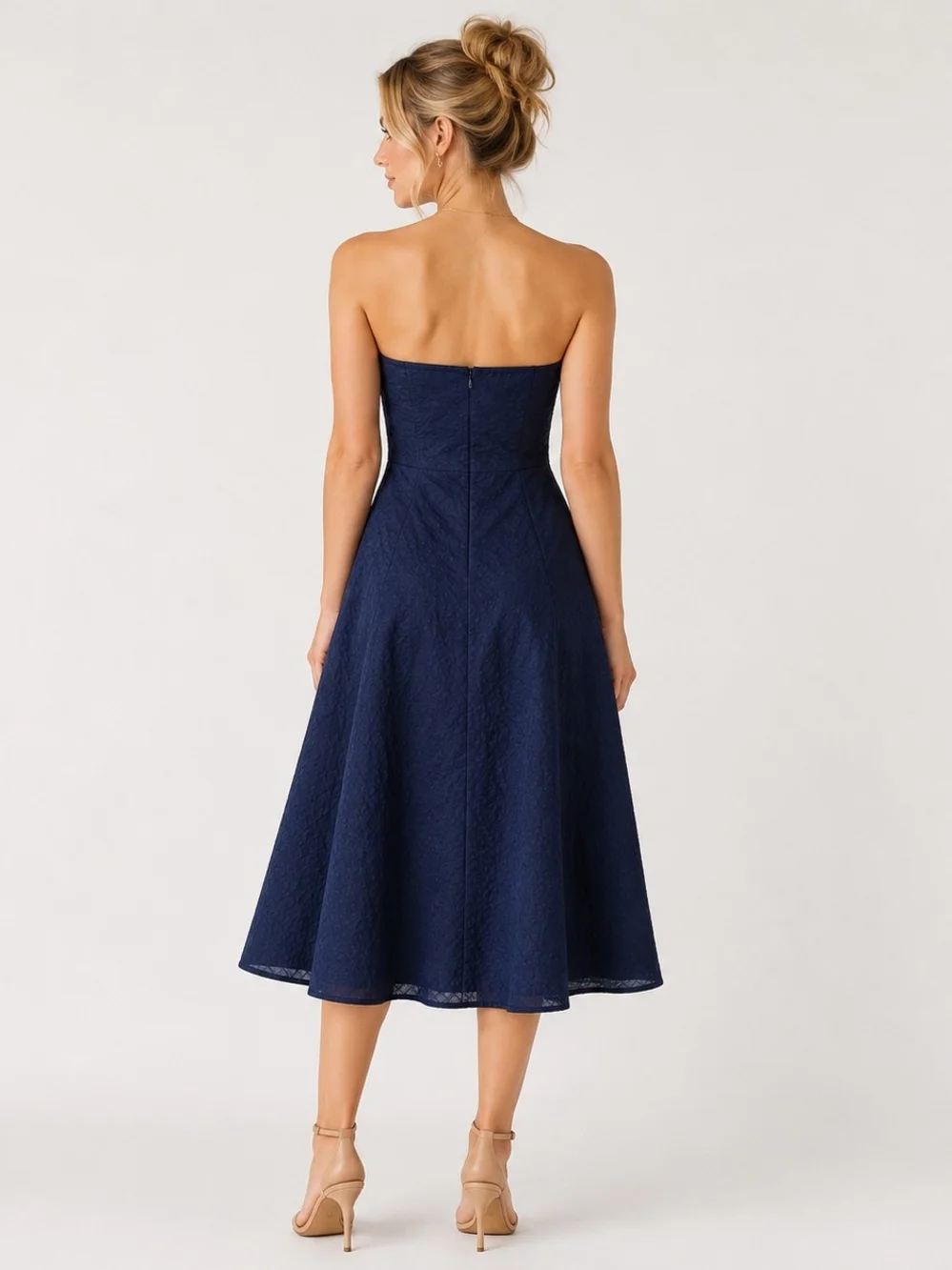 J. Crew Strapless Navy Textured Midi Dress